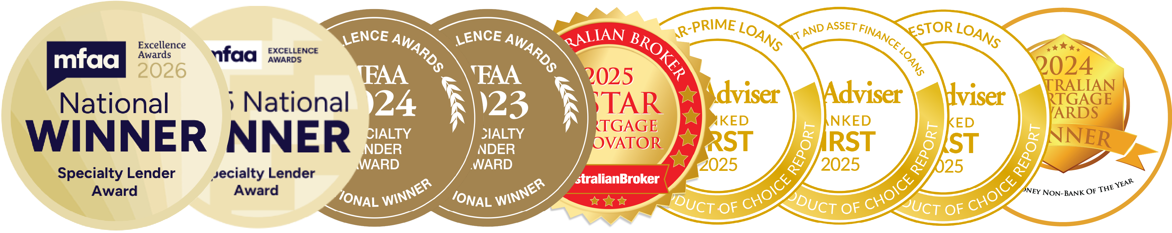 Industry awards — MFAA 2024, FAA 23, The Adviser Ranked First 2023, Australian Mortgage Awards Winner, MPA Bank of the Year
